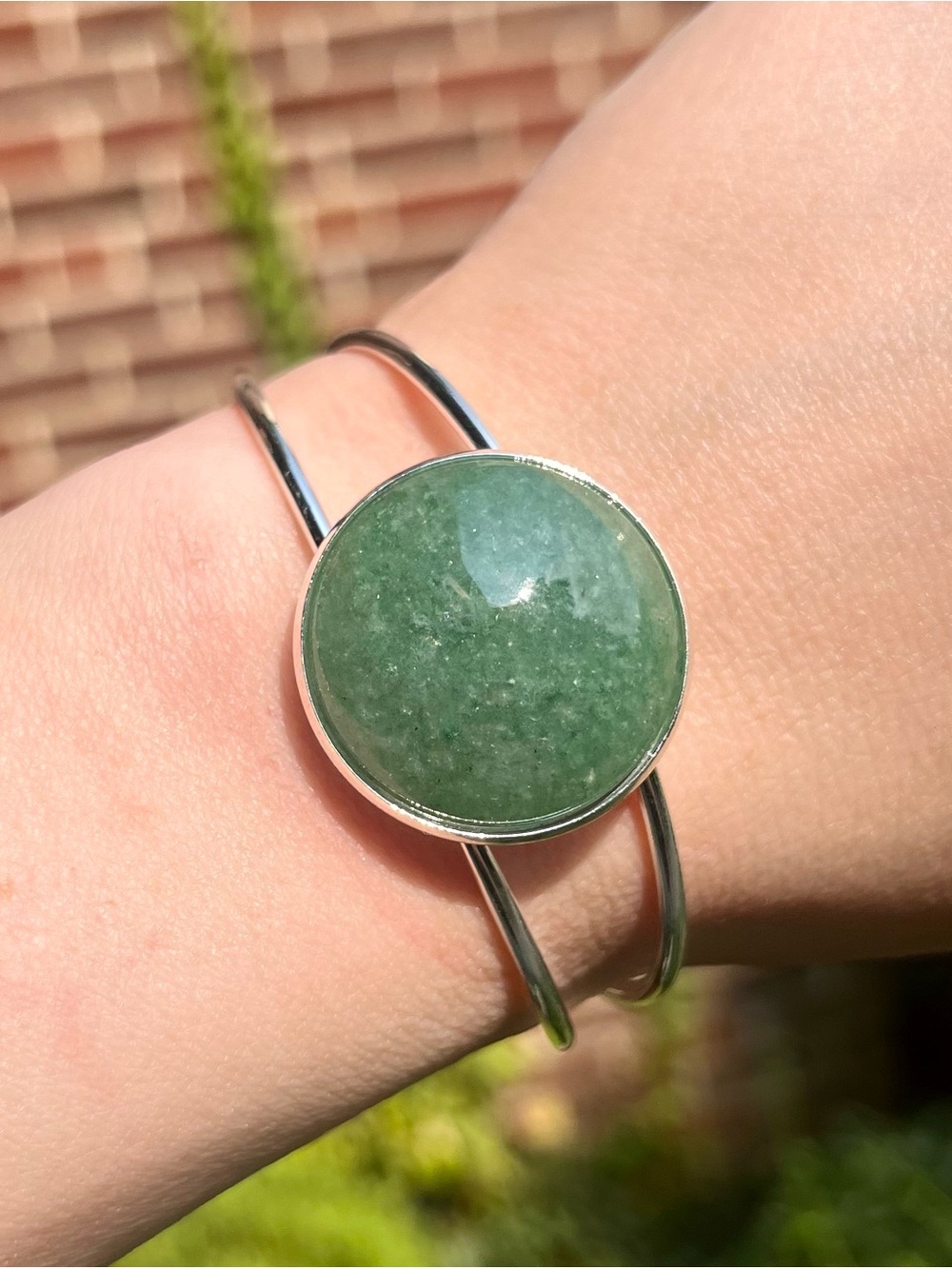 Green Aventurine Stone Silver Cuff Bracelet adjustable handmade